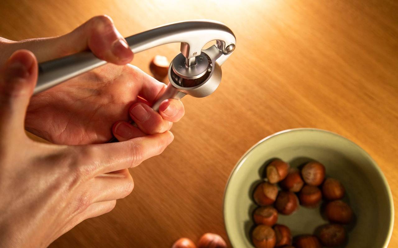 Knoblauchpresse mit einer Haselnuss wird gepresst