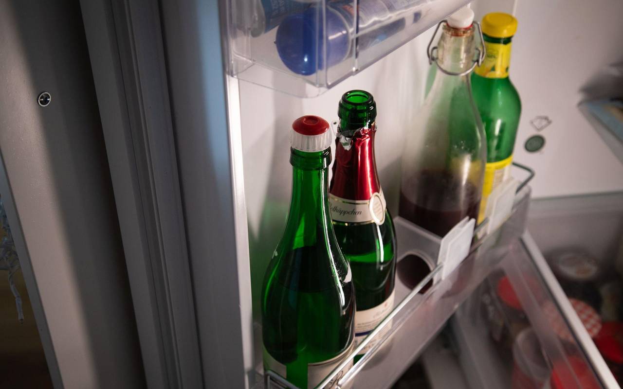 Sektflaschen stehen in einem Kühlschrank