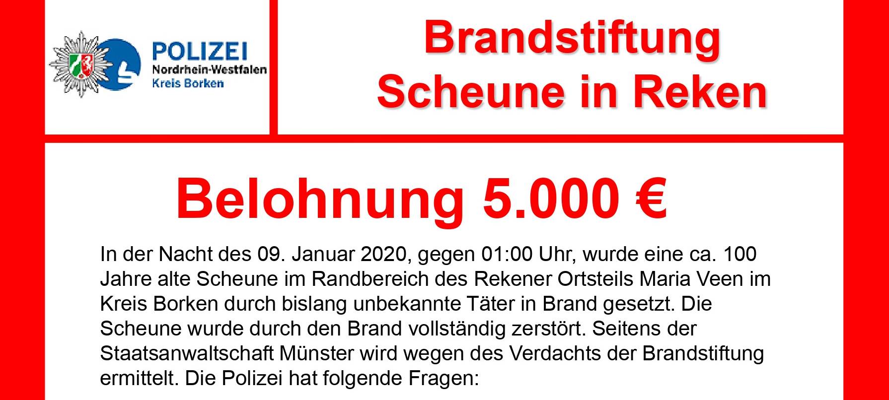 5000 Euro Belohnung nach Scheunenbrand in Maria Veen