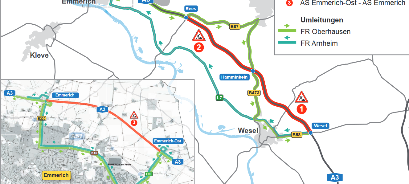 A3: Sperrungen zwischen Emmerich und Wesel